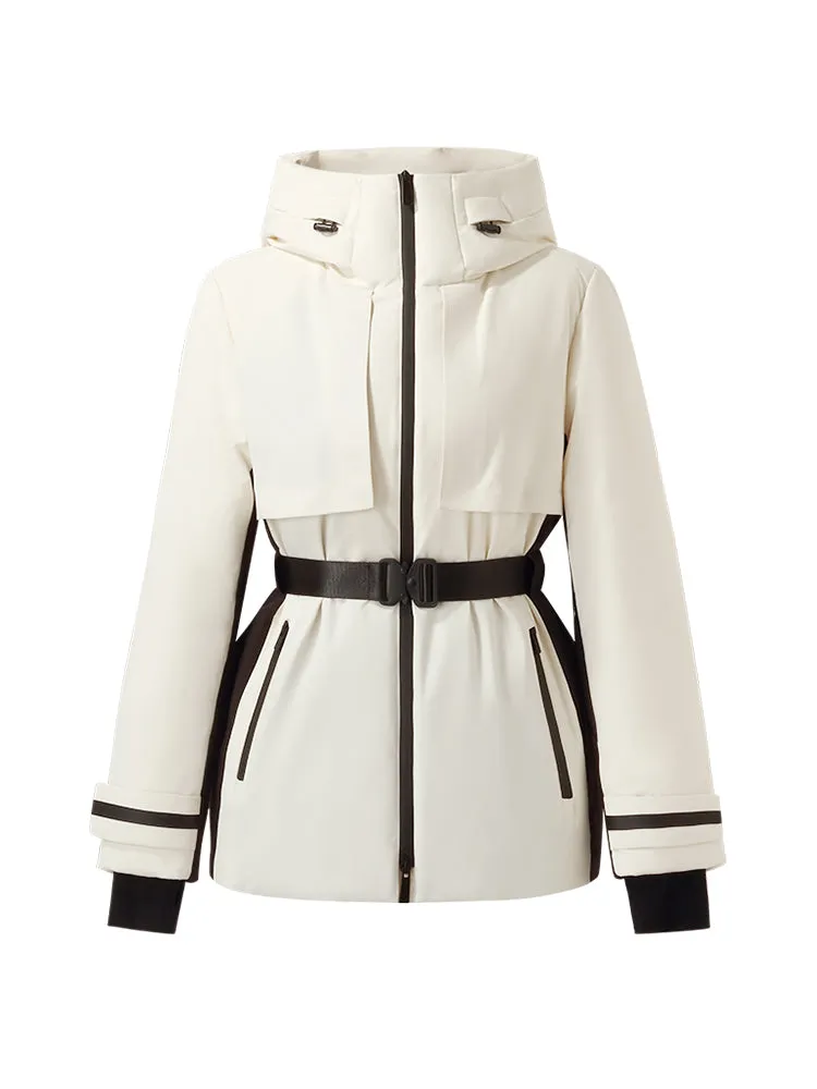 Hooded Goose Down Ski Jacket With Belt