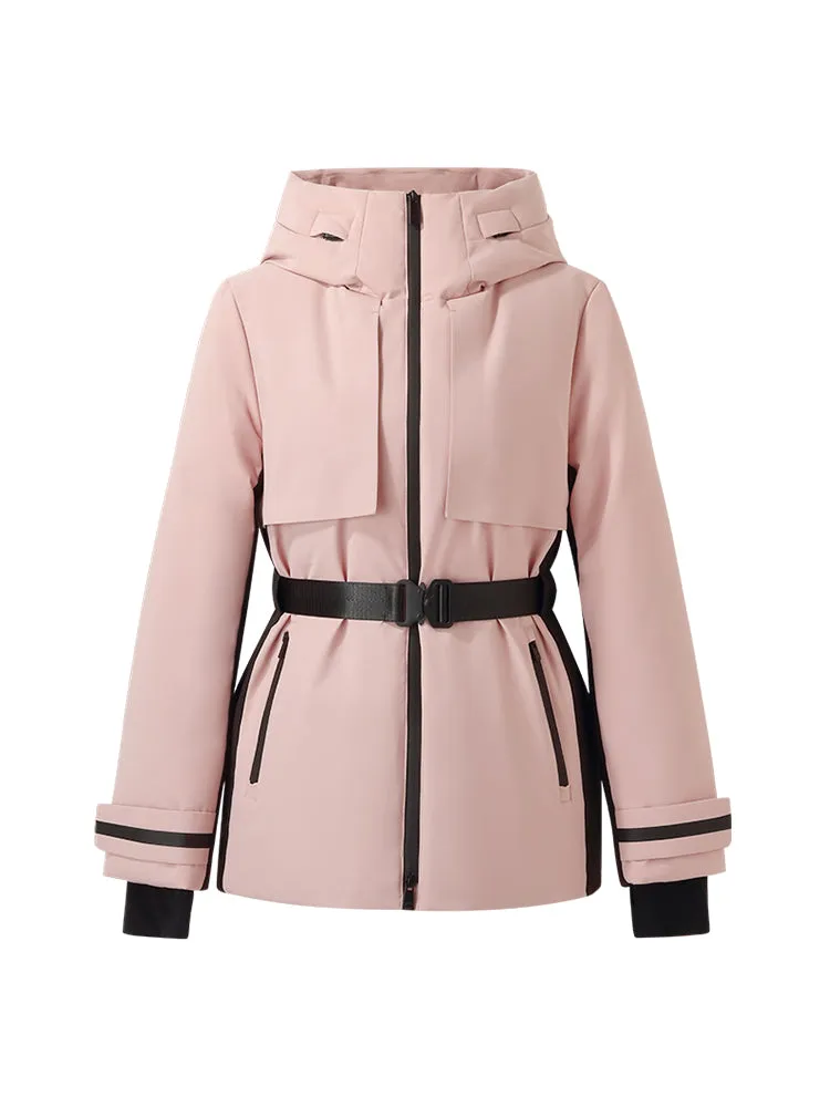 Hooded Goose Down Ski Jacket With Belt