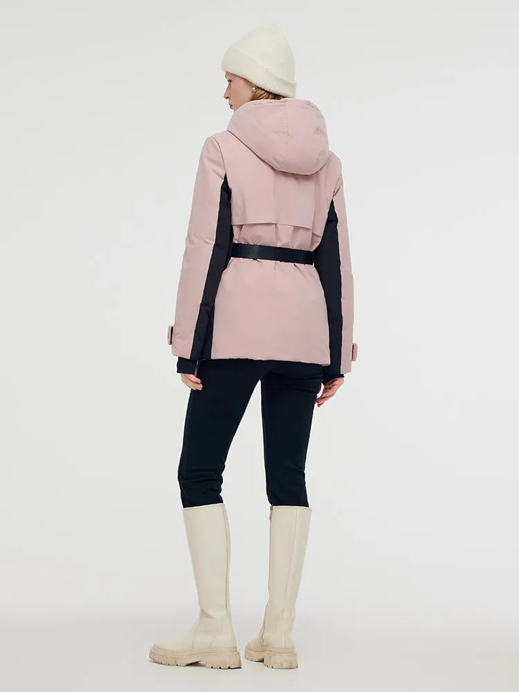 Hooded Goose Down Ski Jacket With Belt