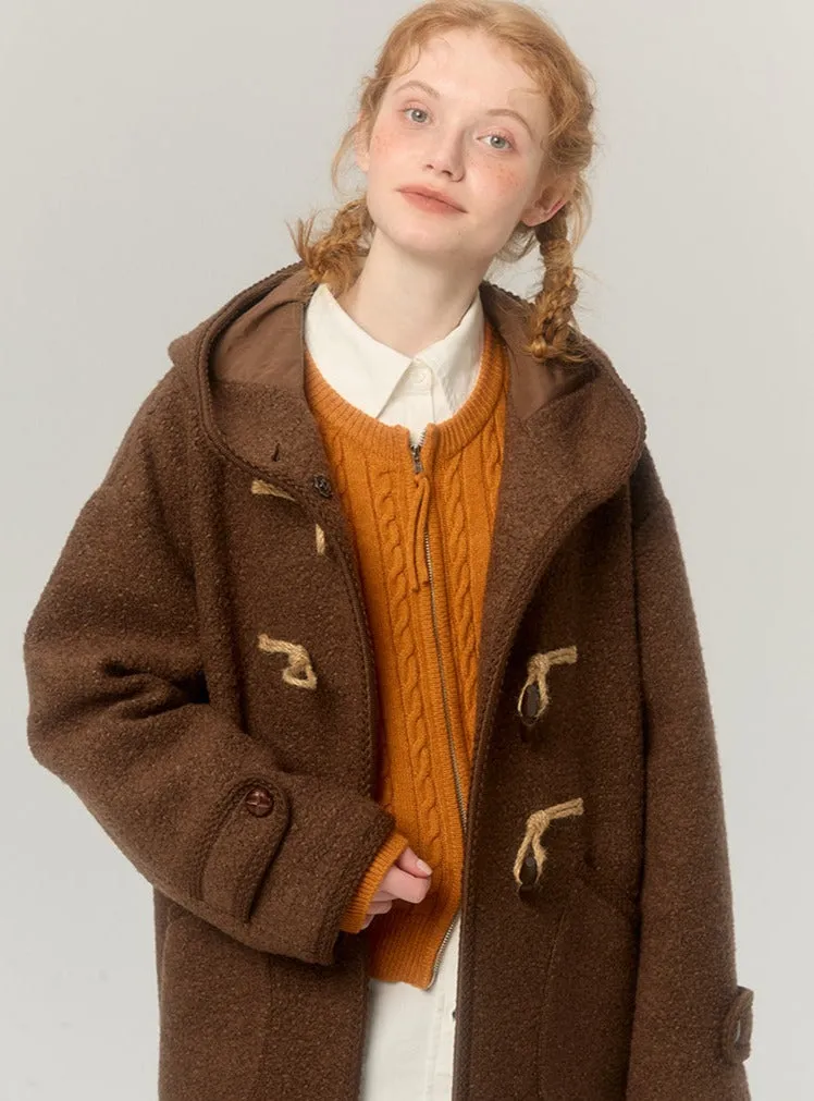 Hooded horn-button thickened woolen coat