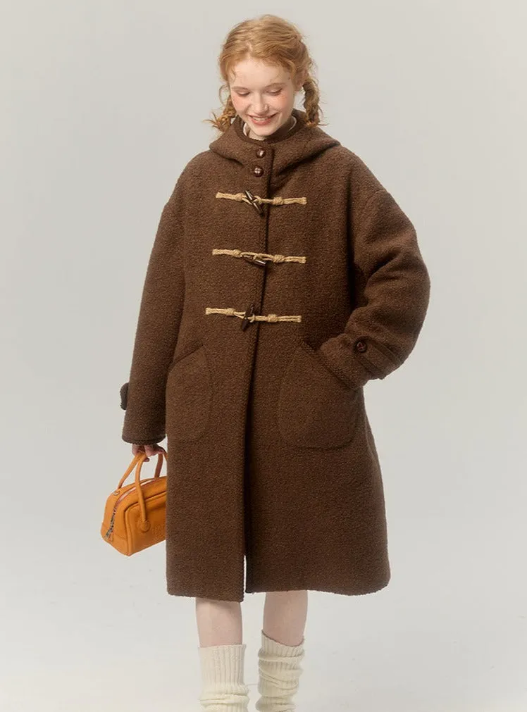 Hooded horn-button thickened woolen coat