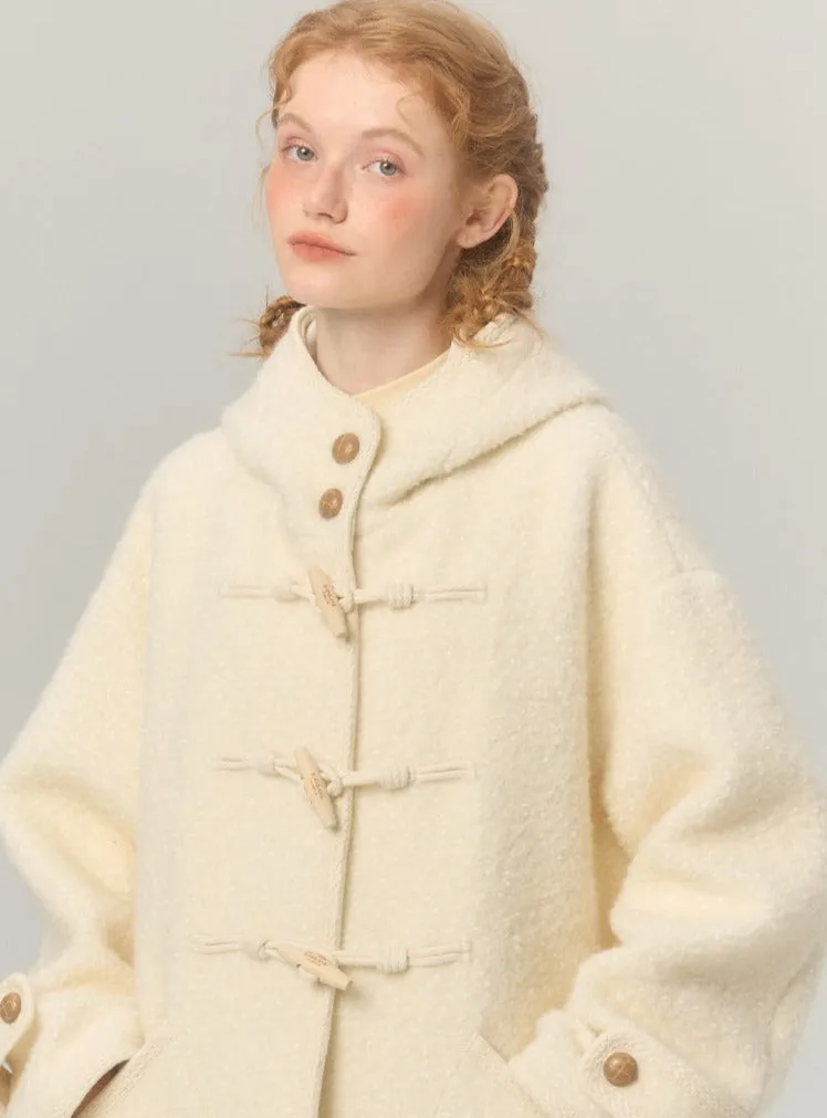 Hooded horn-button thickened woolen coat