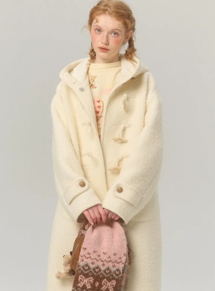 Hooded horn-button thickened woolen coat