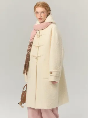 Hooded horn-button thickened woolen coat