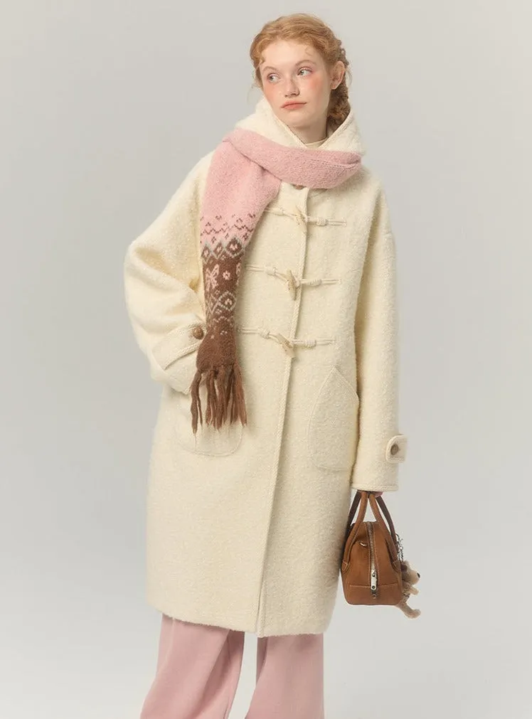 Hooded horn-button thickened woolen coat