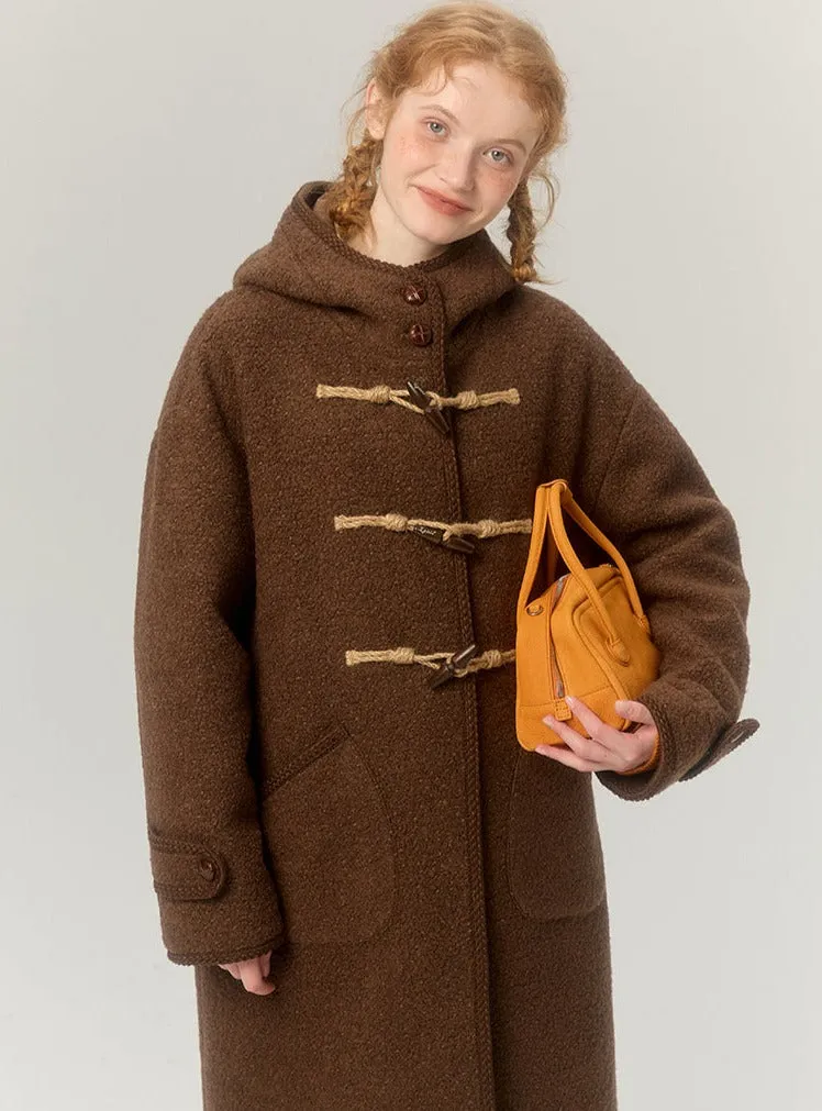 Hooded horn-button thickened woolen coat