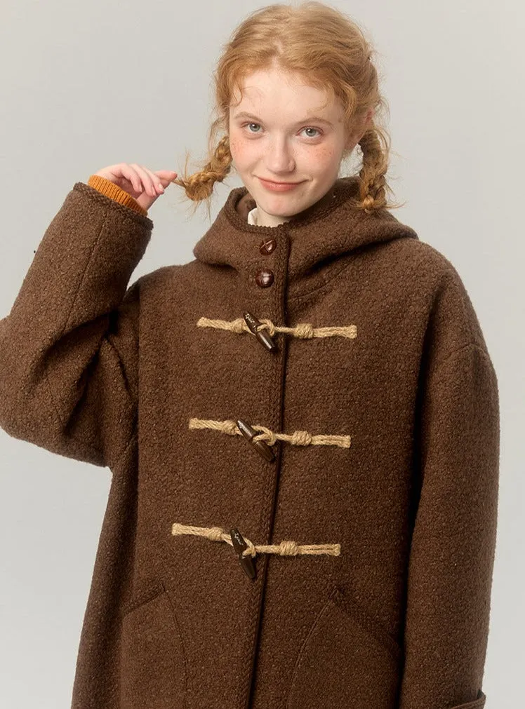 Hooded horn-button thickened woolen coat
