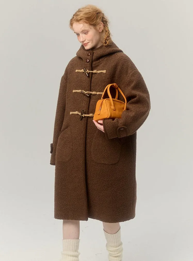 Hooded horn-button thickened woolen coat