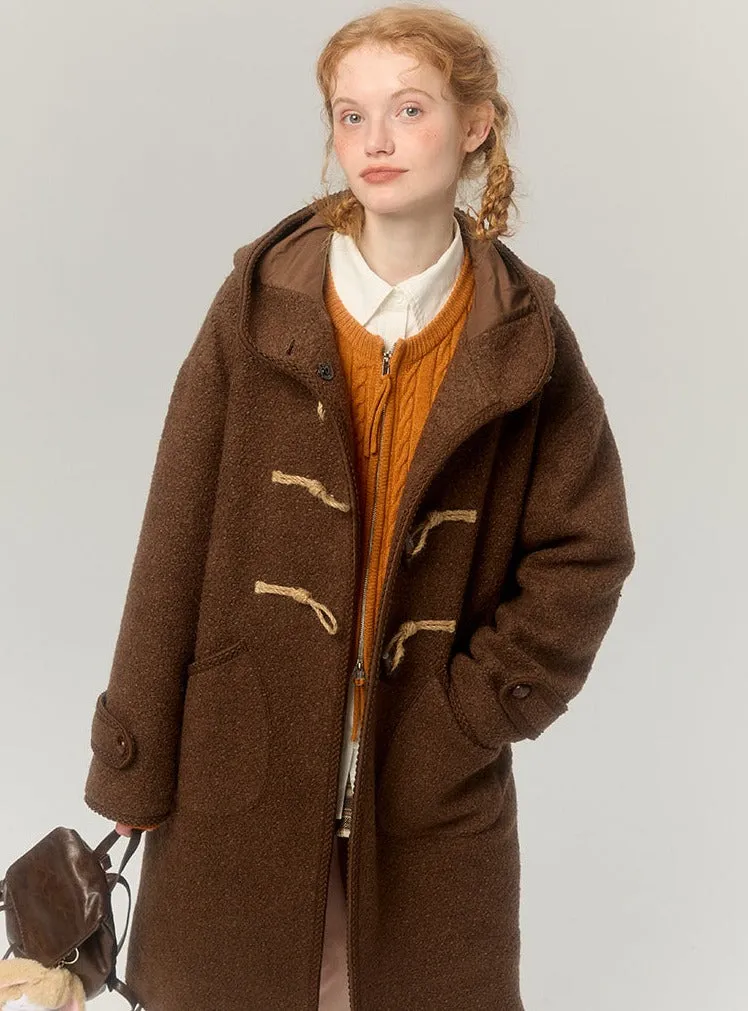 Hooded horn-button thickened woolen coat