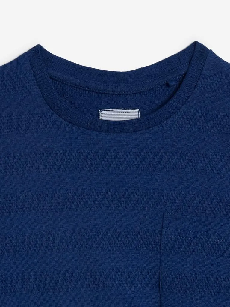 HOP Kids Blue Striped Pure Cotton T-Shirt