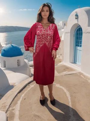 Hot Pink Dress with Floral Sleeves & Golden Accents - Elegant Korean Style