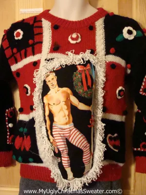 Hottie Guy Tacky Ugly Christmas Sweater Dangling Fringe & 3D Ornaments (b19)