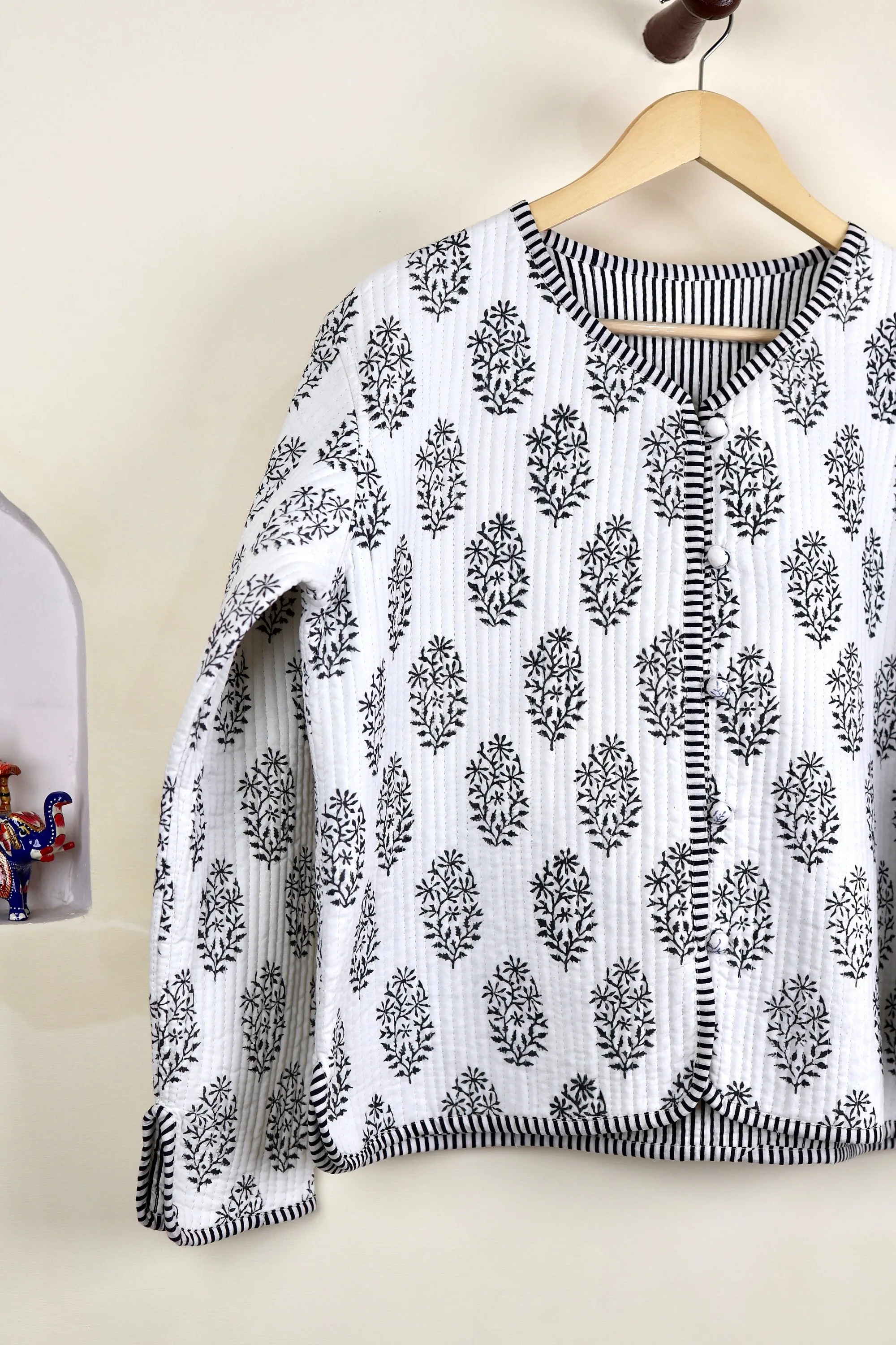 Indian HandBlock Printed Quilted Cotton Jackets | White & Black Floral Women's Coat | Reversible Bohemian Style Handmade Quilted Jackets
