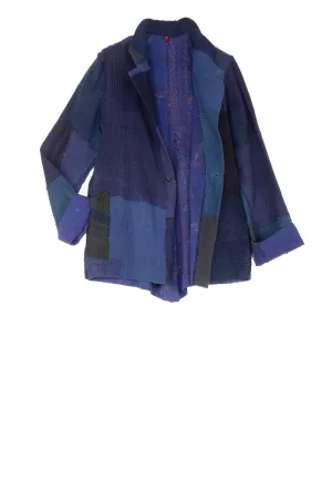 INDIGO WHITE FRAYED PATCH KANTHA SIMPLE JKT