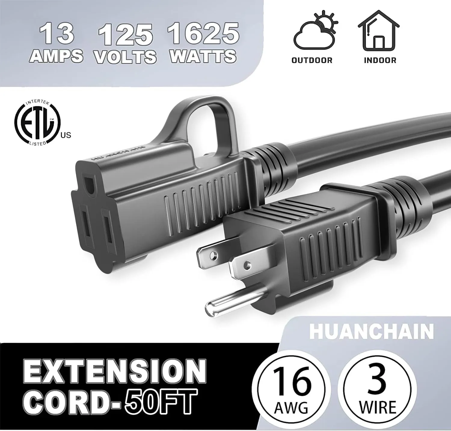 Indoor Outdoor Black Extension Cord 50 Ft Waterproof, 16/3 Gauge Flexible Cold-Resistant Appliance Extension Cord Outside, 13A 1625W 16AWG SJTW, 3 Prong Heavy Duty Electric Cord, ETL