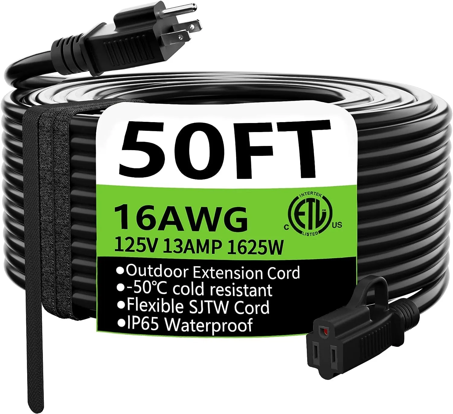 Indoor Outdoor Black Extension Cord 50 Ft Waterproof, 16/3 Gauge Flexible Cold-Resistant Appliance Extension Cord Outside, 13A 1625W 16AWG SJTW, 3 Prong Heavy Duty Electric Cord, ETL