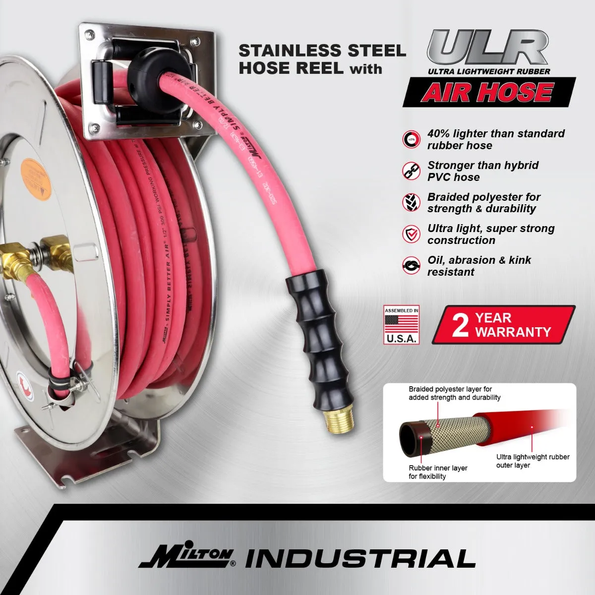 Industrial Stainless Steel Hose Reel Retractable, 1/2" ID x 50' Ultra-Lightweight Rubber Hose w/ 3/8" NPT, 300 PSI