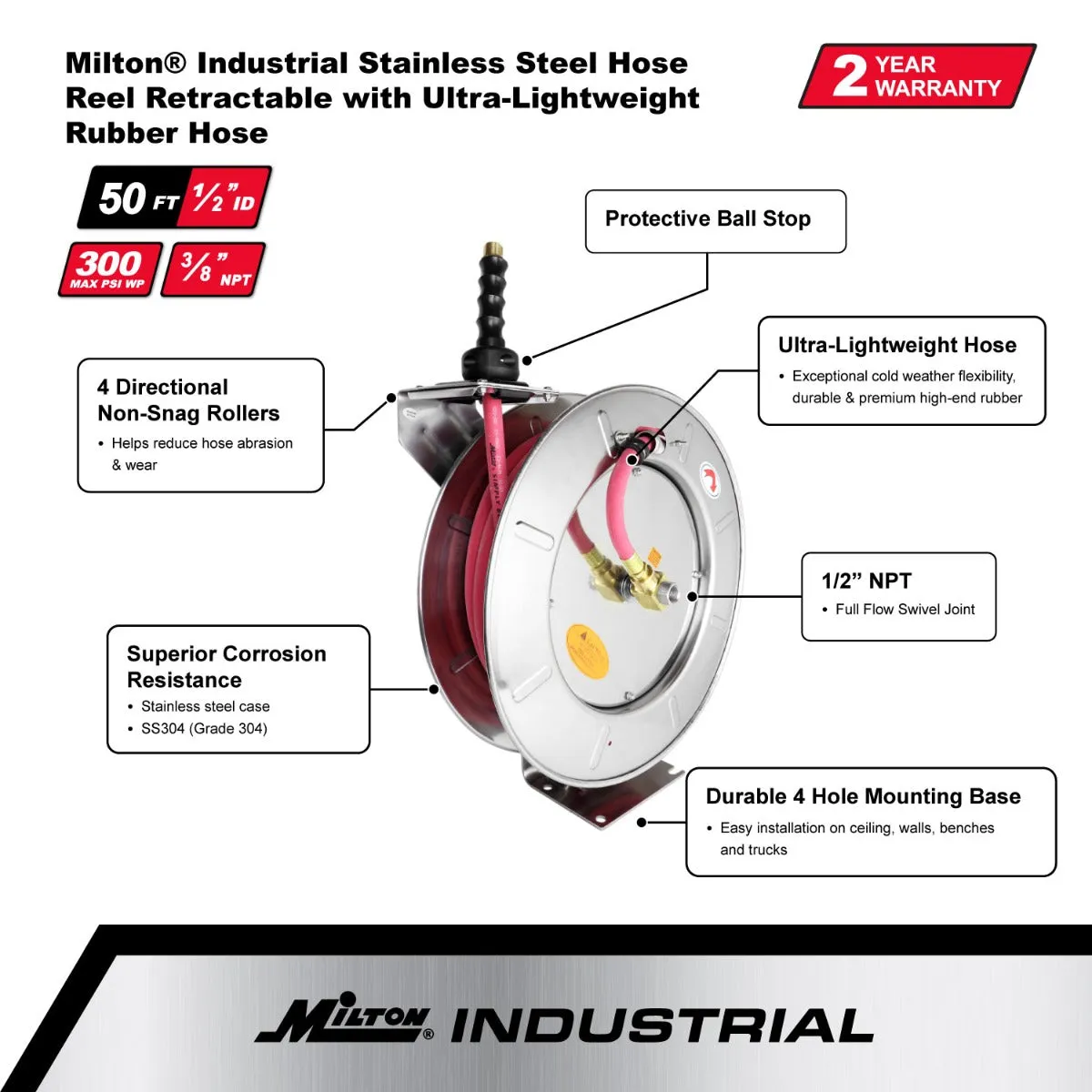 Industrial Stainless Steel Hose Reel Retractable, 1/2" ID x 50' Ultra-Lightweight Rubber Hose w/ 3/8" NPT, 300 PSI