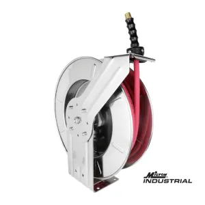 Industrial Stainless Steel Hose Reel Retractable, 3/8" ID x 50' EPDM Hose w/ 1/4" NPT, 300 PSI