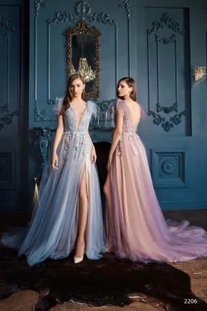 Intricately Beaded Flutter Sleeve Tulle Gown with Slit