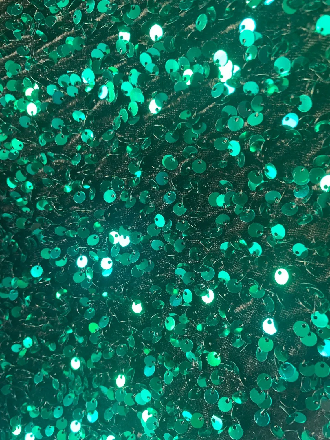 Iridescent Emerald Green Mermaid Sequin on Emerald Green Stretch Velvet Spandex Fabric