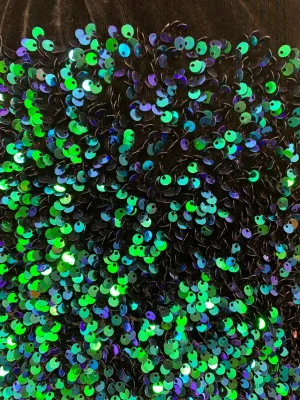 Iridescent Green Mermaid Sequin on Black Stretch Velvet Spandex Fabric