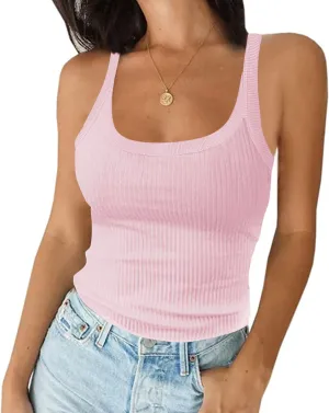 Ivay Scoop Neck Ribbed Knit Tank Top Sleeveless Cotton Wife Beater Camisole Shirts Pink