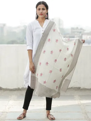 Ivory Pink Beige Needle Embroidered Cashmere Fine Wool Kashmiri Stole - S200602