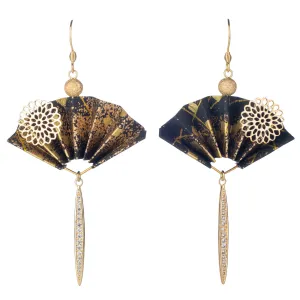 Iwai Black and Gold Fan Premium Japanese Earrings