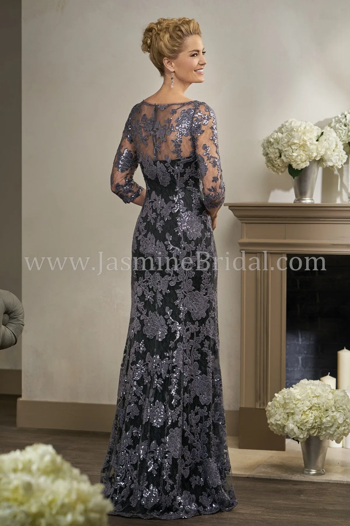 Jade Couture K198006 3/4 Sleeve V-Neck Beaded Lace