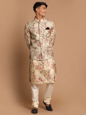Jashvi Beige Printed Nehru Jacket And kurta With Cream Solid Pyjama Set