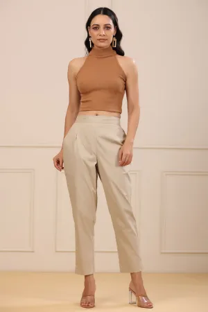 Jashvi Beige Spendex Solid Slim Fit Pants With Partially Elasticated Waistband