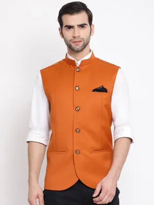 Jashvi Orange Cotton Blend Twill Nehru Jacket