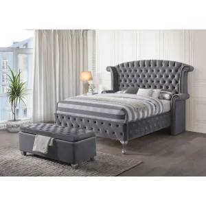 Jensen Button Tufted Wingback Queen Bed, Gray Velvet