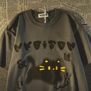 Jinquedai shirt Hong Kong Style Ins Cartoon Cartoon Cat 100% Cotton Short-Sleeved T-shirt Men and Women Summer Couple All-Match Loose Slimming Trendy