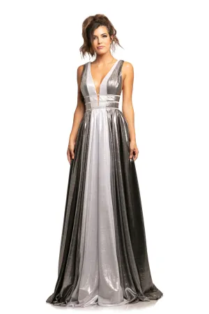 Johnathan Kayne 2008 Size 10 Silver/Multi Metallic Shimmer Prom Dress Plunging Neckline Pageant Gown