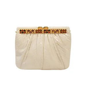 JUDITH LEIBER Cream Snakeskin Clutch with Multi-Stone Gold Frame