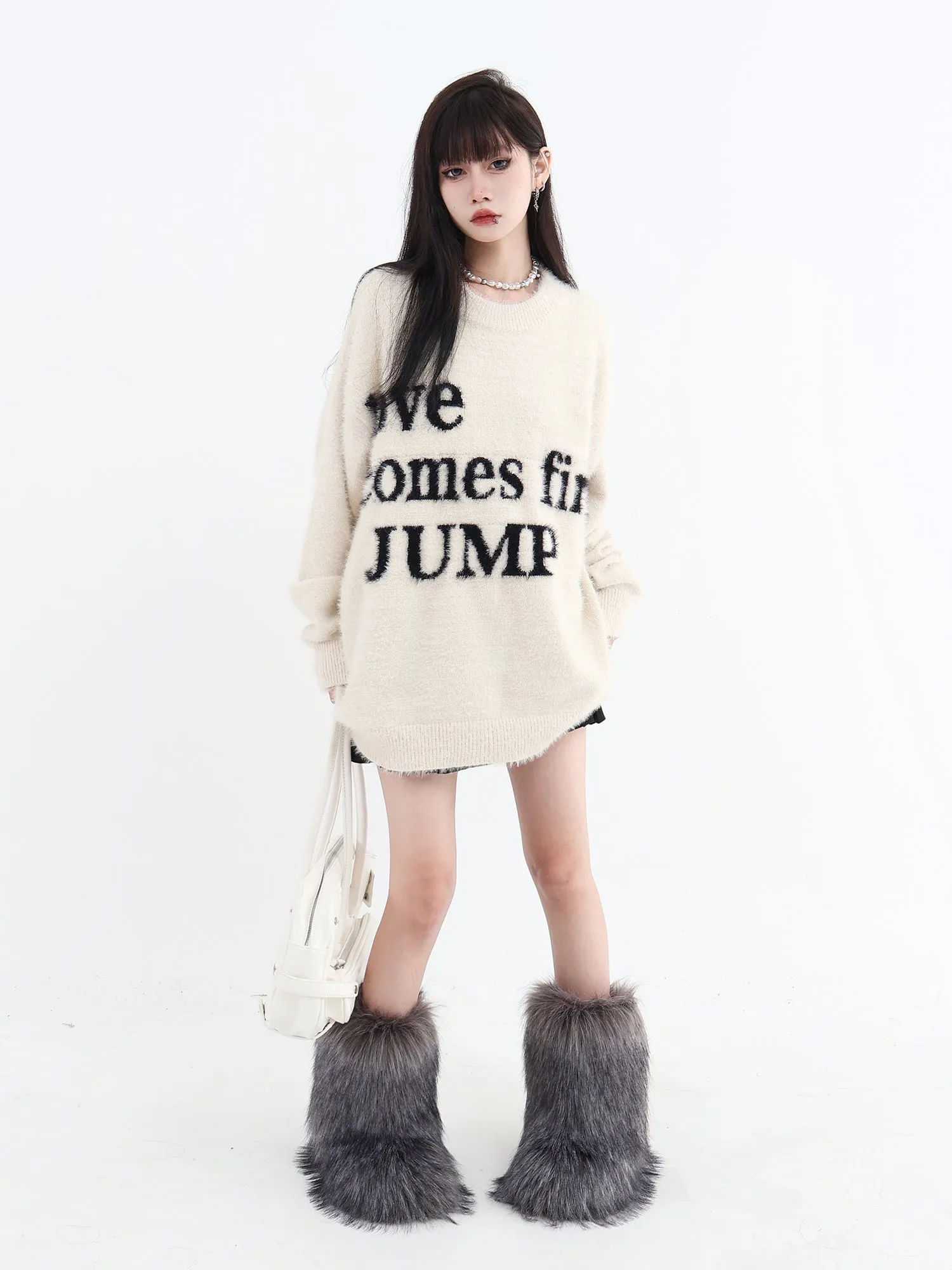 JUMPNEXT Letter Logo Jacquard Knit Crewneck Long Sleeve Sweater