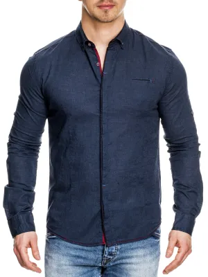 K&D Men Casual Button Up L/S Shirt - Navy Blue