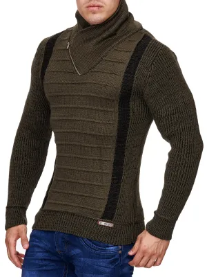 K&D Men Stylish 2 Line Mock Neck Zipper Sweater - Green