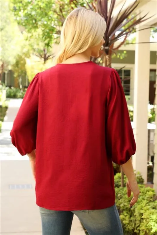 Keep It Easy Burgundy V Neck Top