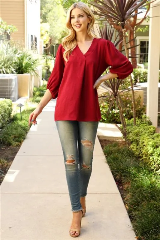 Keep It Easy Burgundy V Neck Top