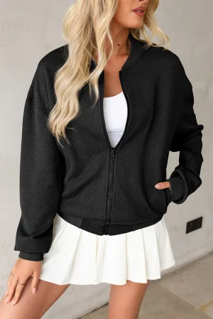 kesley Texture Zip Up Baseball Collar Long Sleeve Jacket