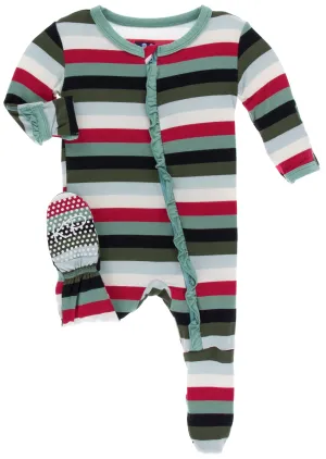 KicKee Pants Christmas Multi Stripe Classic Ruffle Footie with Zipper