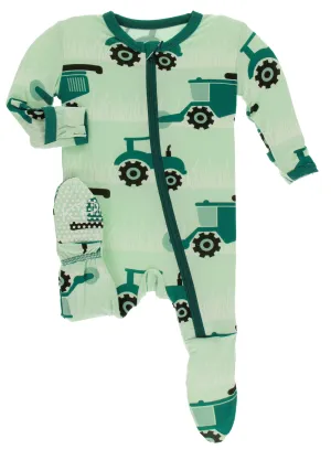 KicKee Pants Pistachio Tractors and Wheat Footie with Zipper
