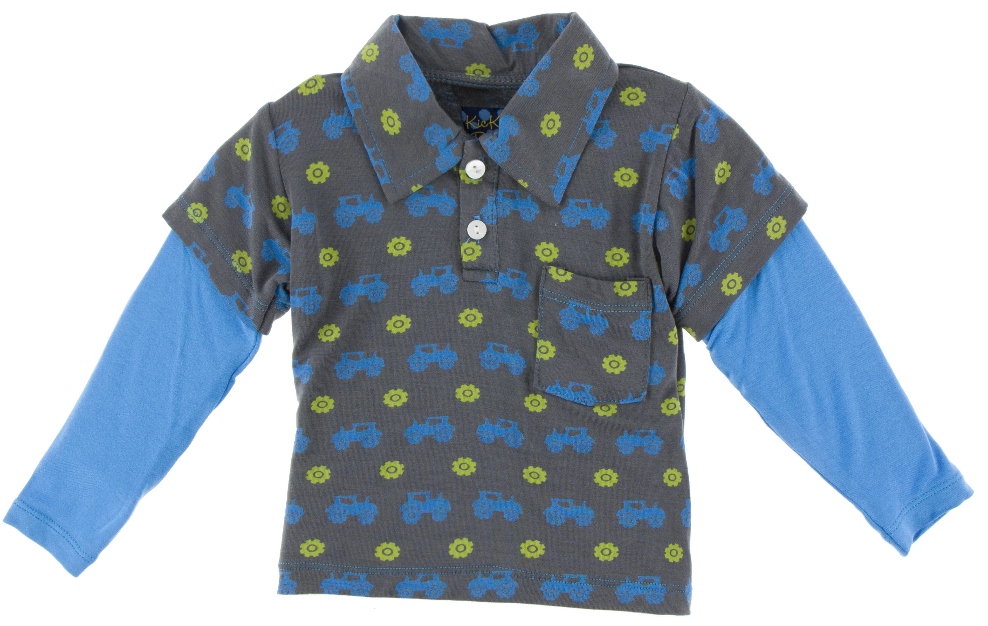KicKee Pants Stone Tractor Print Long Sleeve Double Layer Polo
