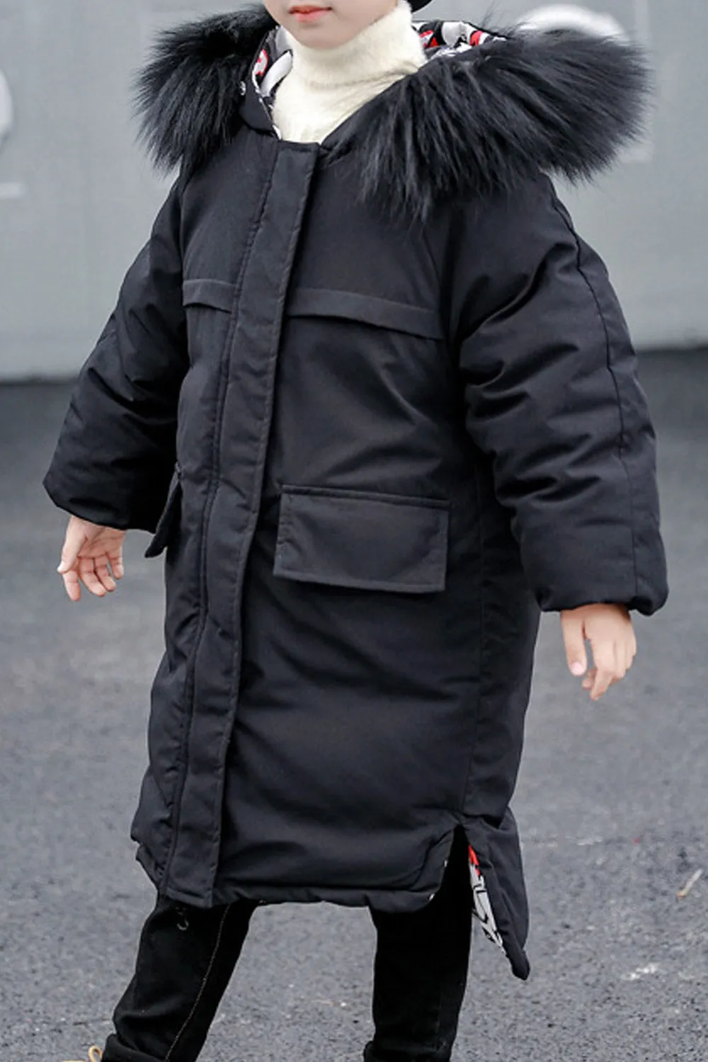Kid Boys Reversible Fur Hooded Long Padded Jacket - KBPJ116580