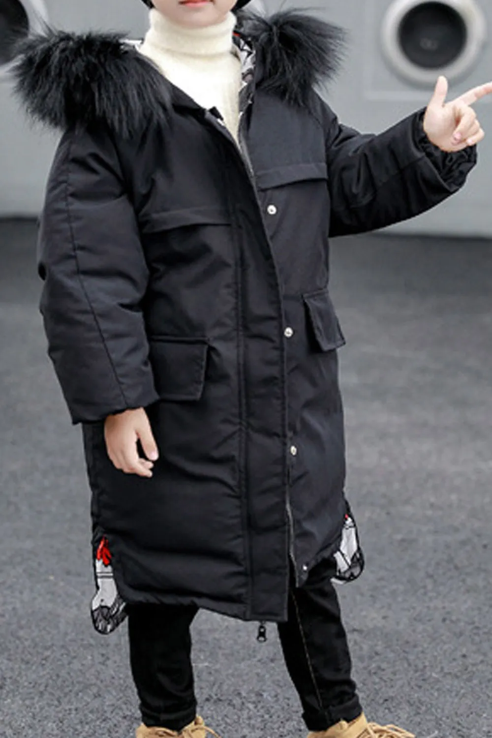 Kid Boys Reversible Fur Hooded Long Padded Jacket - KBPJ116580