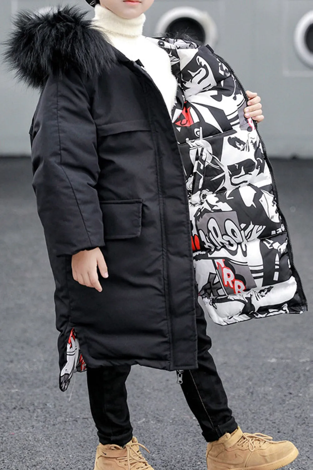 Kid Boys Reversible Fur Hooded Long Padded Jacket - KBPJ116580