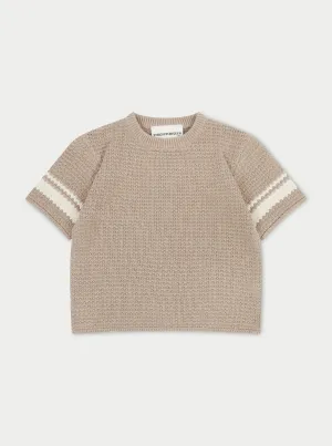 KIDS CROCHET KNITTED CONTRAST STRIPE T-SHIRT - BROWN